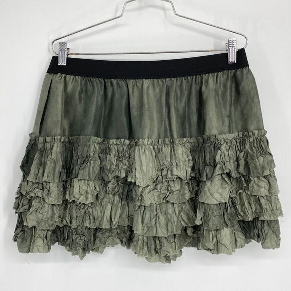 EDUN Green Silk Mini Skirt Tiered Ruffle Size Large - Picture 5 of 6